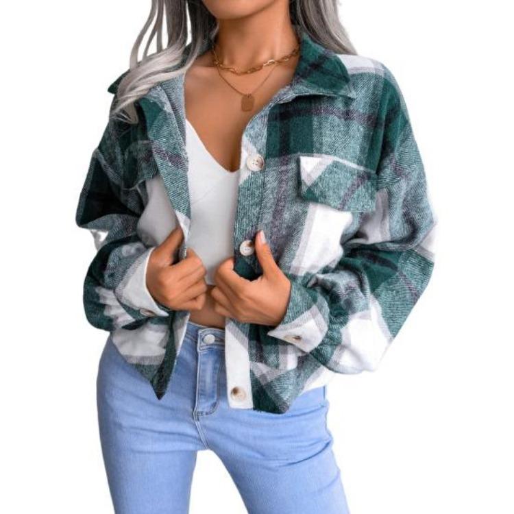 Women Loose Jacket Contrast Color Plaid Print Turn Down Collar Single Breasted Fake Pocket Long Sleeves Fall Spring Commuting