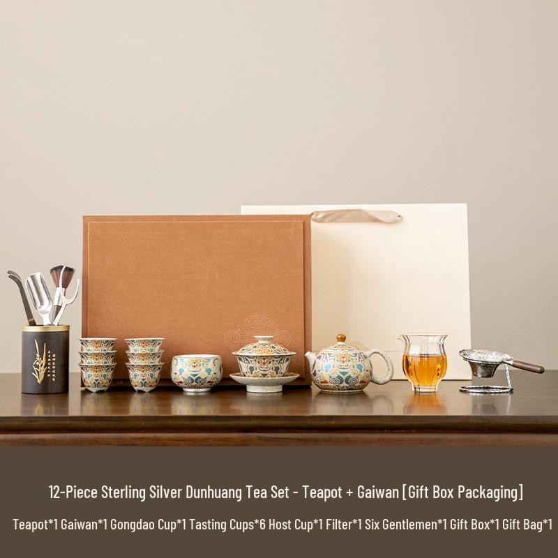 Dunhuang Silver-Inlaid High-End Retro Kung Fu Tea Set: Light Luxury Chinese-Style Tea Brewing and Drinking Gift Box