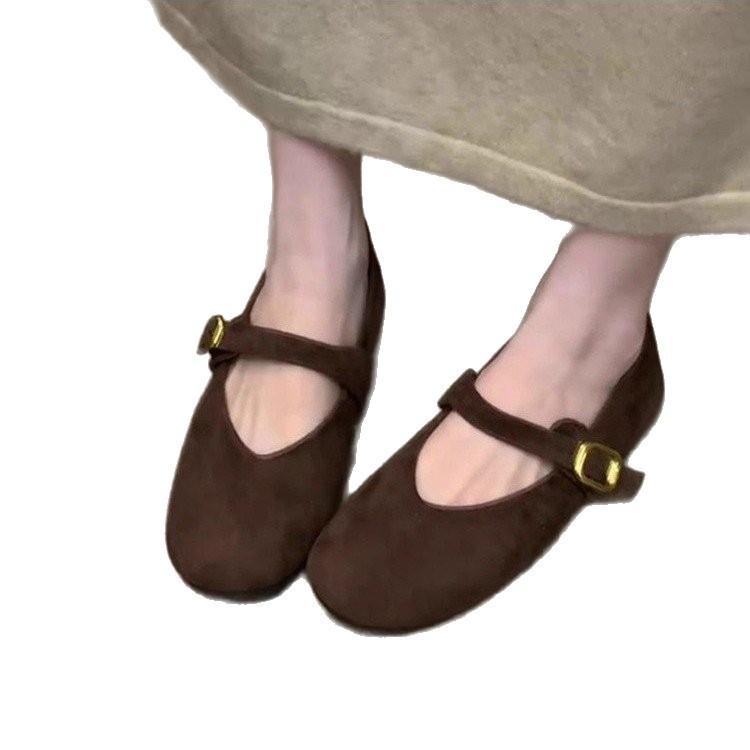 Soft leather version~ French retro suede Mary Jane shoes women's new one-word buckle strap flat bottom round head ballet shoes