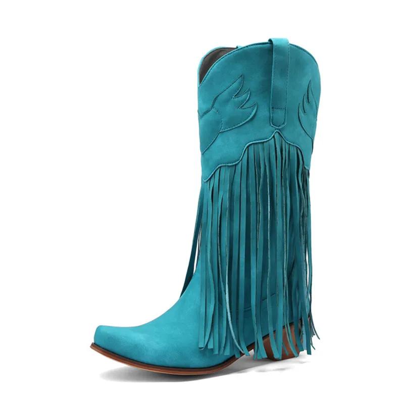 Large Size 45 Women Retro Ethnic Western Cowboy Boots Block Medium Heels Tassel Fringe Kneehigh Boots Lady Winter Shoes