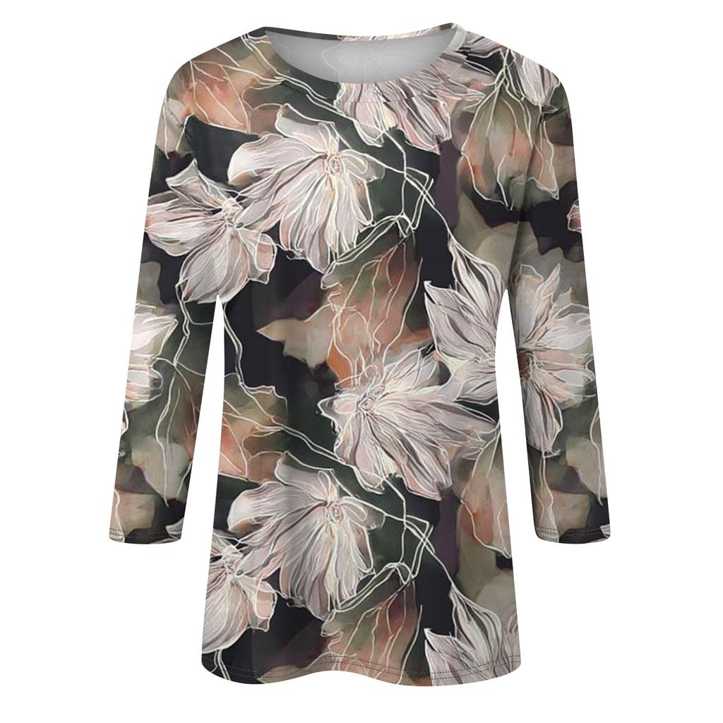 Women's Fashion Casual Round Neck Three Quarter Sleeve Printed T-Shirt Top