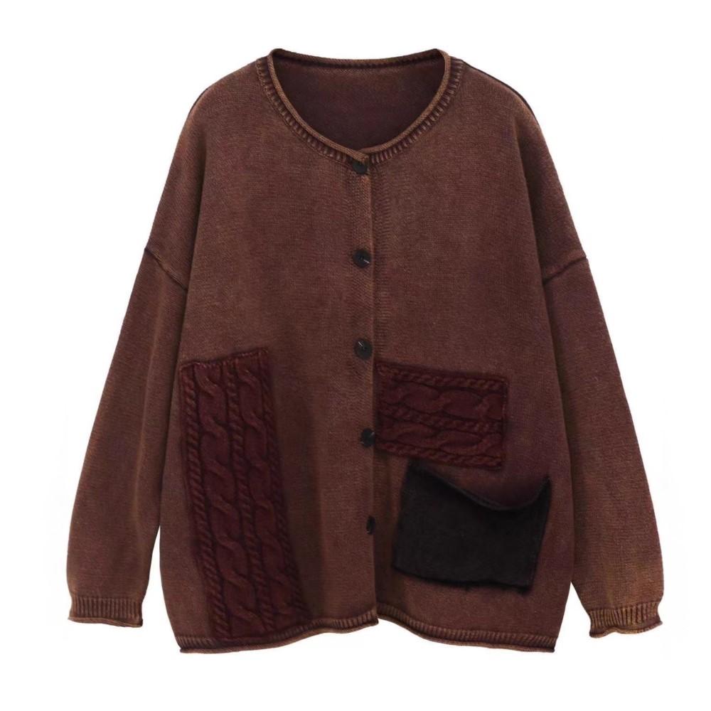 Johnature Women Vintage Winter Sweaters O-Neck Long Sleeve Patchwork Color Button Knitted Female Sweaters