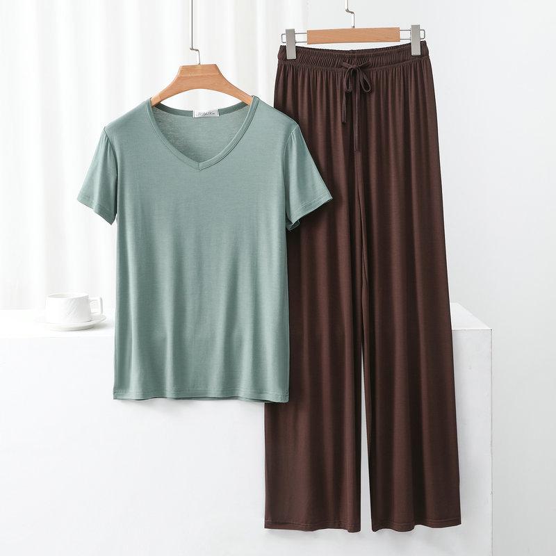 Modal Homewear 2pcs Pajamas Set Short Sleeve Tops and Trousers Solid Color Casual Loose Sleepwear Suit Plus Size Nightwear