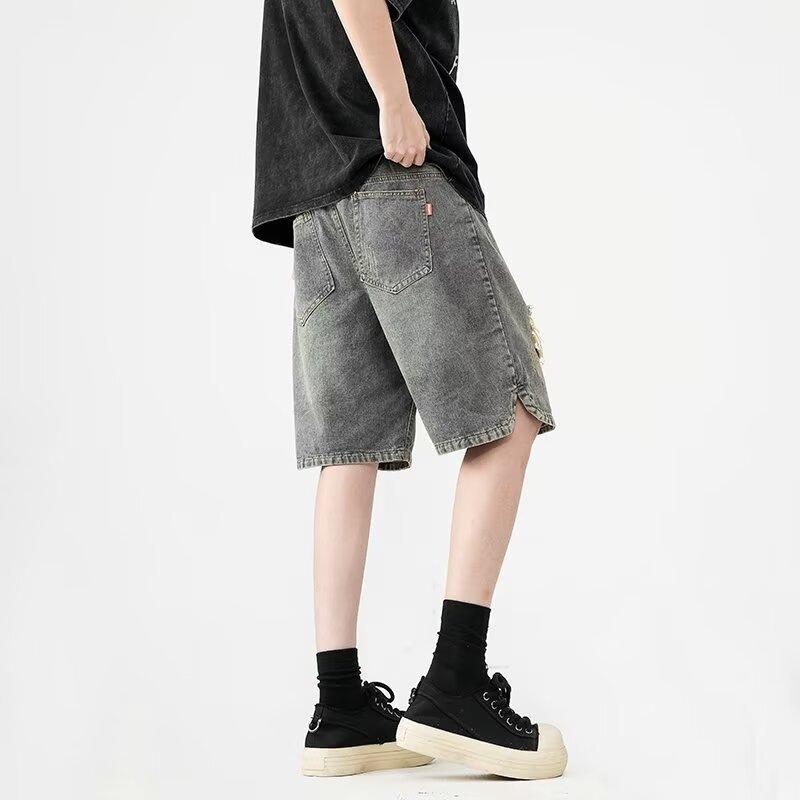 American high street denim shorts men's loose washed trend straight versatile sports ripped casual five-point pants