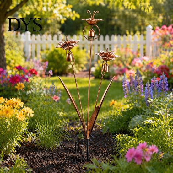 Decorative Metal Stakes Bronze Calla Lily Wind Chime with Bells, Rustproof Ground Stake Yard Art, Garden Bed Accessories Easy Install Outdoor
