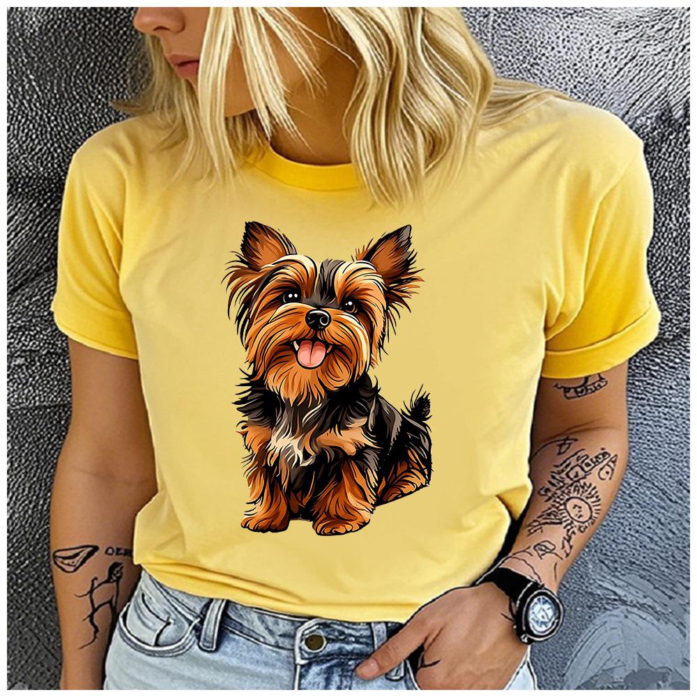 Cotton Cute Smiling Yorkshire Terrier Puppy Print Women T Shirt Fluffy Yorkie Dog Graphic Pet Lover Casual Short Sleeve Tee
