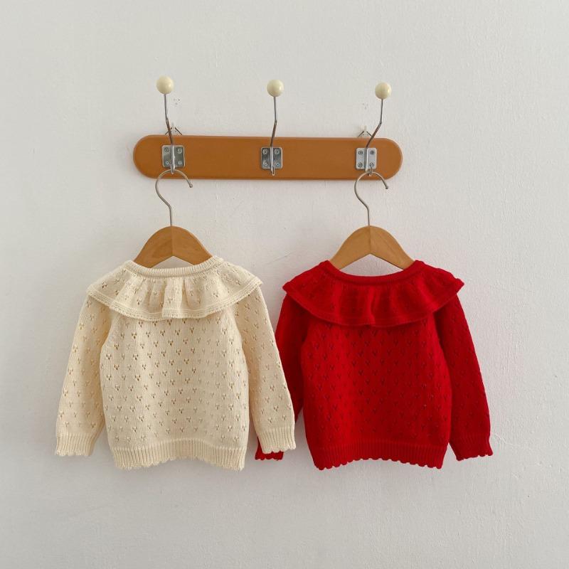 Autumn and Winter Baby Girl Knitted Cardigan Lotus Collar Hollow Long Sleeve Sweater Coat