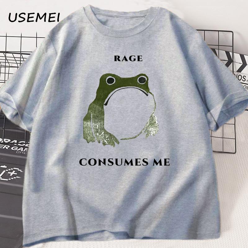 Unisexs T Shirts Funny Rage Consumes Me Frog Graphic T Shirts Vintage Cotton Short Sleeve Printed Tshirt Unisexs Clothes Streetwear