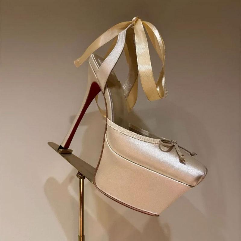 Fashion Sandals Fashion Shoe Super High Heels Wedding Party Sandals New Fashion Catwalk Satin Head Waterproof Table Thin Heel Ballet Bow