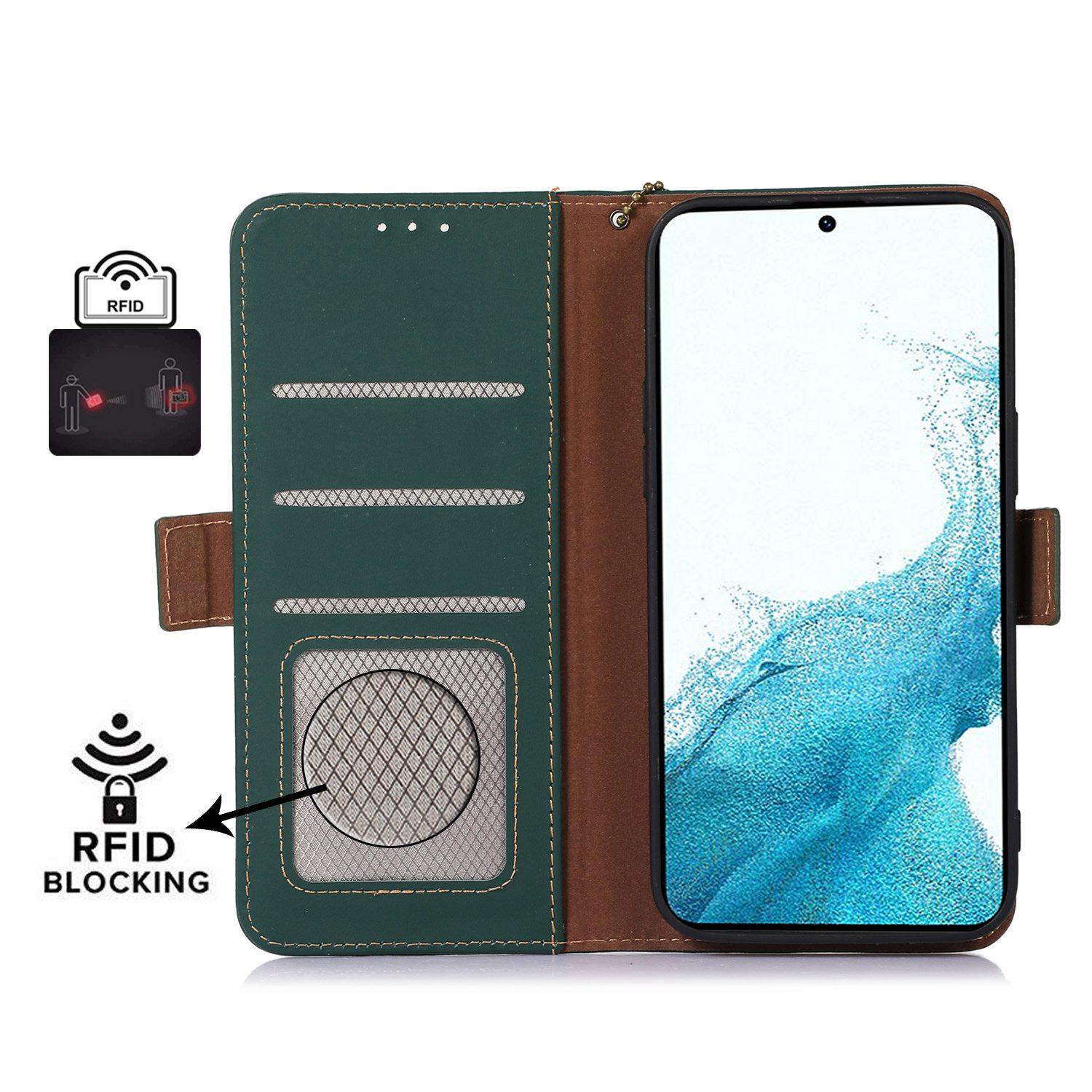 

For Samsung Galaxy A15 4G Case RFID Blocking Genuine Cow Leather Wallet Cellphone Cover Green