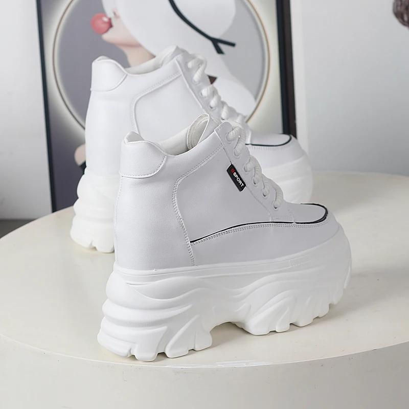 Fashion Autumn winter Women High Top Leather Shoes Platform Wedge Sneakers Chunky Shoes Hidden Heel 12CM White Black Women Casual Shoes