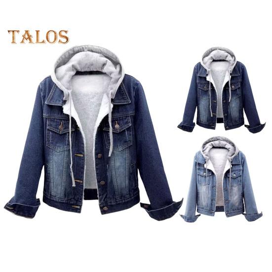 Women Jacket Thick Fleece Lined Solid Color with Pockets Lapel Single-breasted Long Sleeves Warm Loose Denim Jacket Daily Outdoor Coat