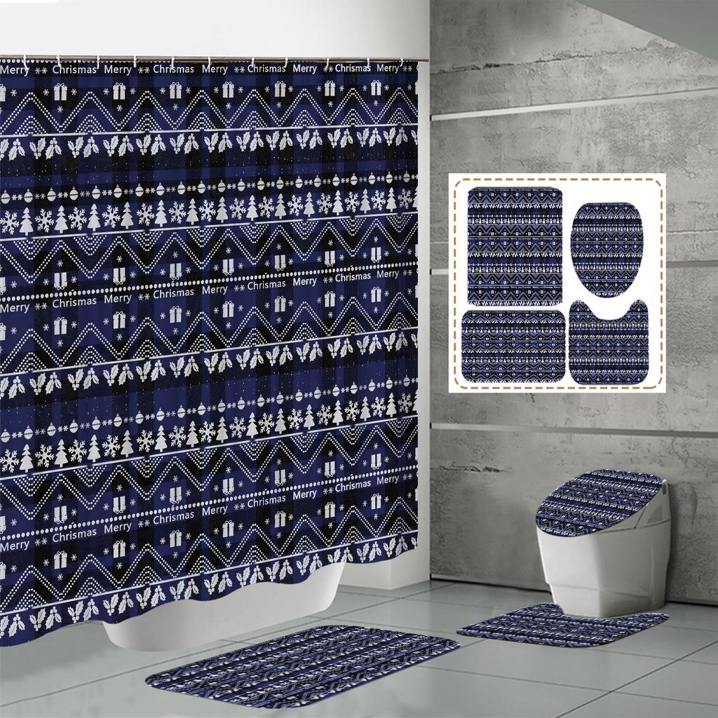 4PCS  Shower Curtain Sets With Shower Curtain And Rugs Toilet Lid Rug U Shape Mat And Bath Mat Bathroom Set  With 12 Hooks