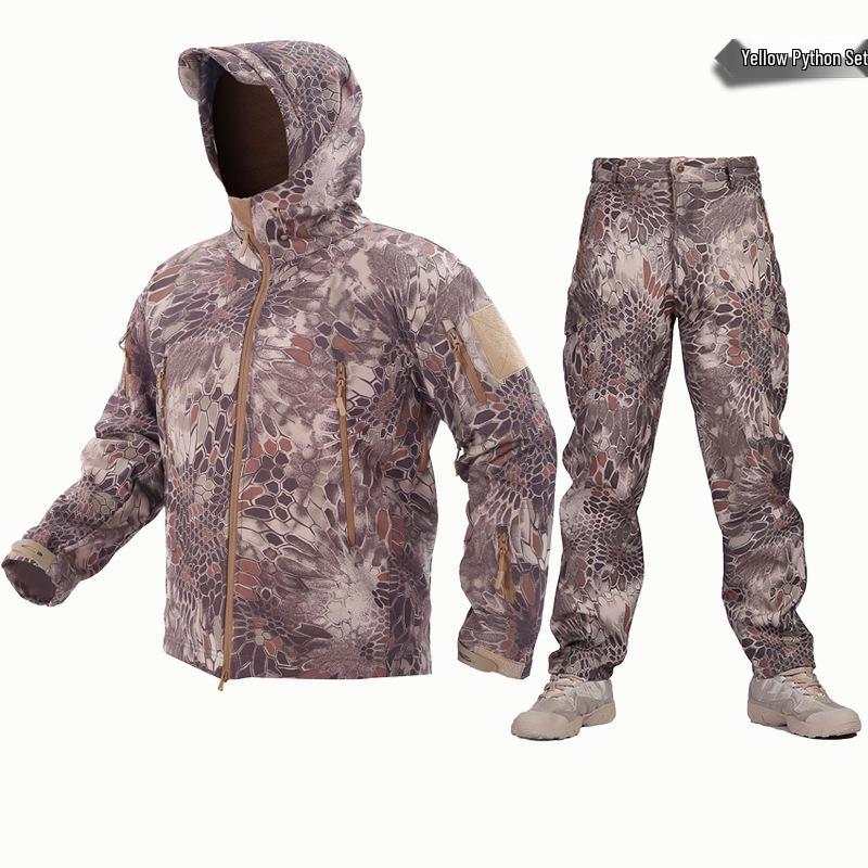Alpha Green Tactical Sharkskin Waterproof Ski Suit: Camouflage Soft Shell Pants & Warm Fleece Set