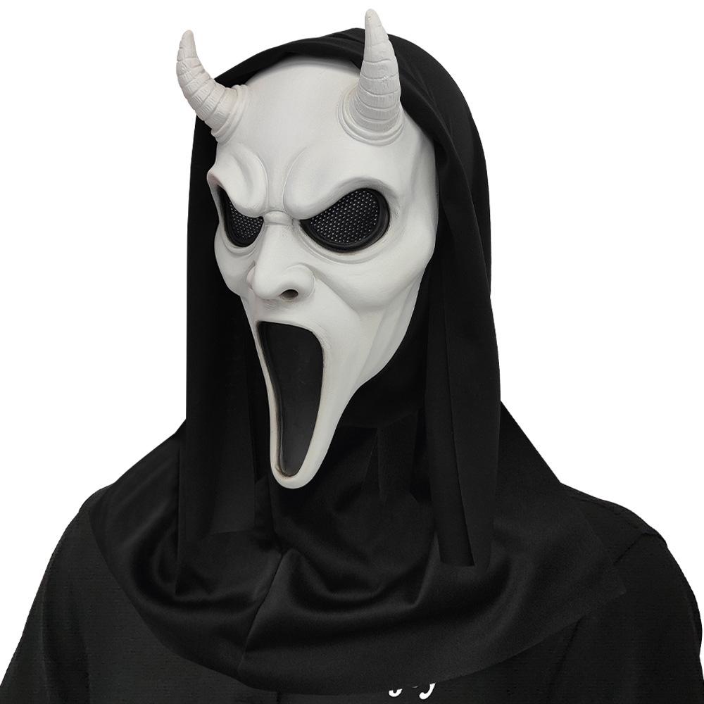 Double Horns Screaming Horror Mask Masquerade Skull Ghost Face Headgear Halloween Party Prank Props