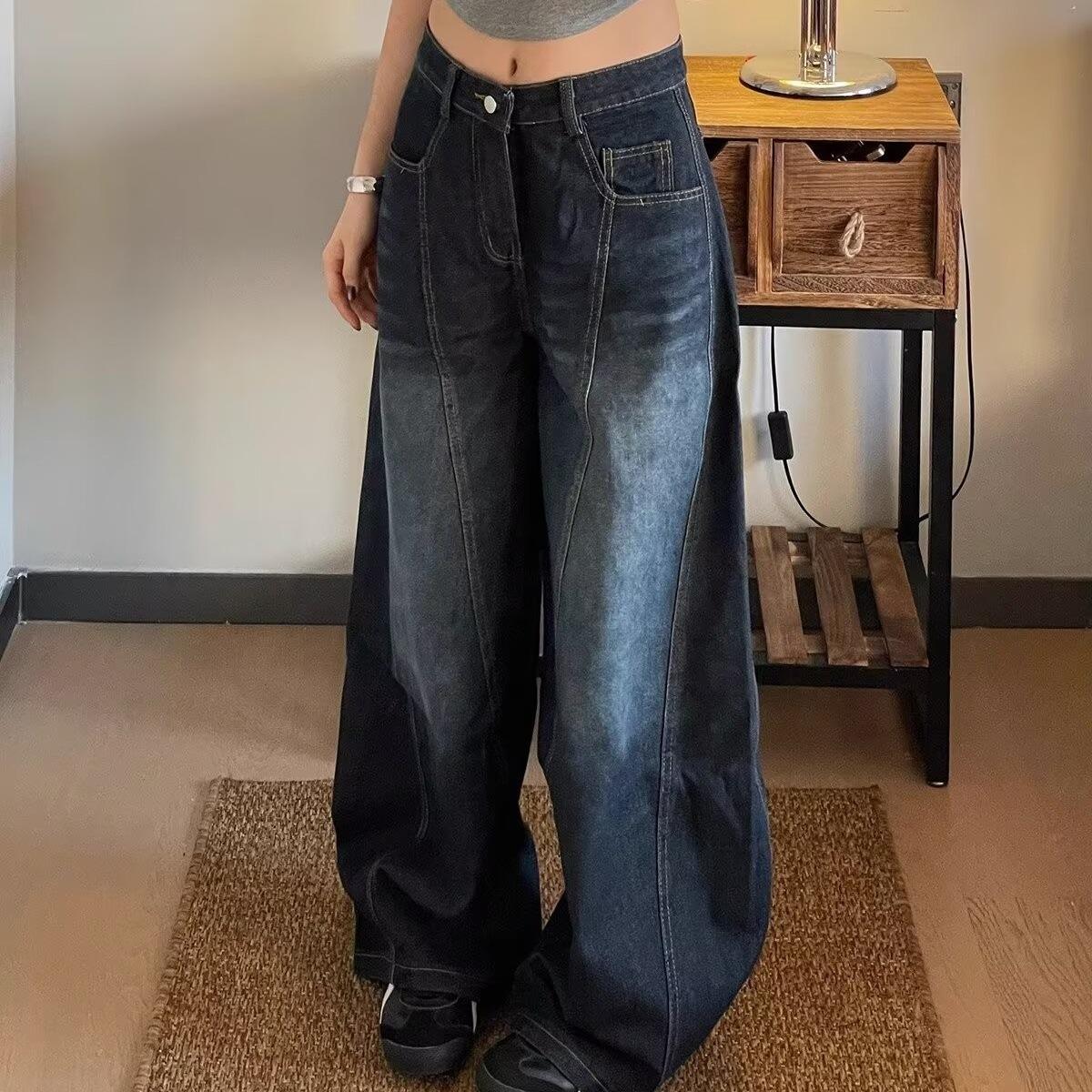 

Женские джинсы American High Street Washed темно-синего цвета Scimitar - Осень 2024 г. Свободные широкие брюки M синий