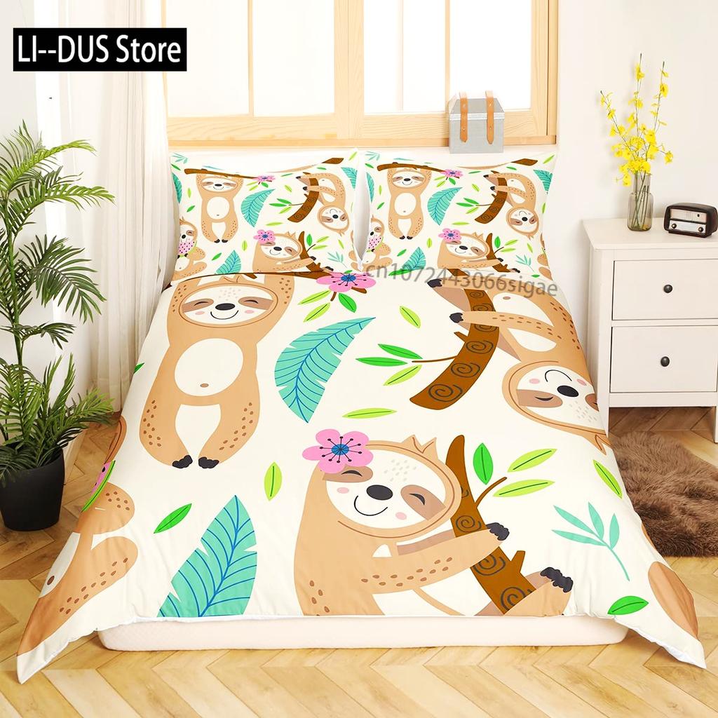 Sloth Duvet Cover Set Cartoon Character Sleeping on Branch Decorative 3 Piece Bedding Set with 2 Pillow Shams Queen Full Size