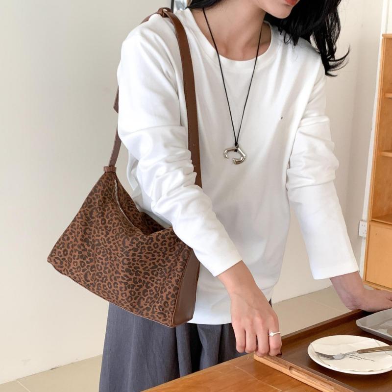Retro Leopard Print Bag Autumn and Winter Suede Splicing Design Underarm Bag High-end Niche Fashion Shoulder Bag Women