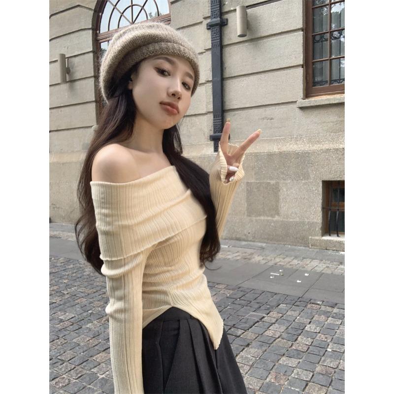 Autumn Winter One Word Collar Slit Irregular Sweater Women Long Sleeve Off the Shoulder Knitting Bottomed Top