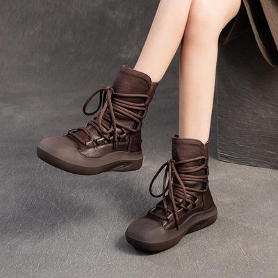 Cizme retro, cu talpă groasă, până la jumătatea gambei. Pantofi de damă cu șireturi din piele naturală