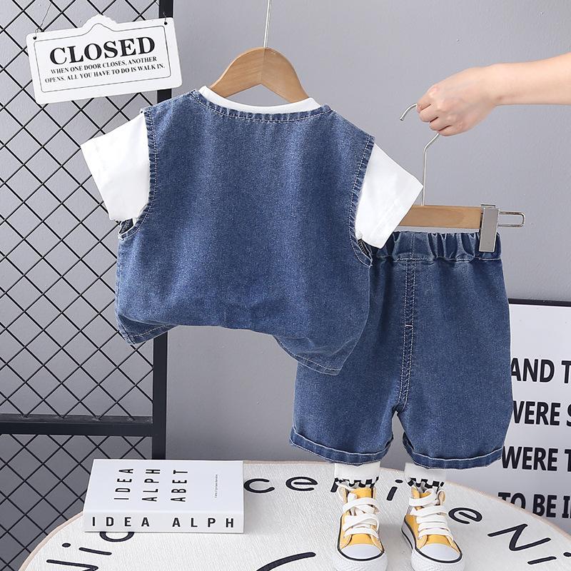 Summer Outfit Handsome Boys Short Sleeved Set Children's Denim Vest Casual T Shirt Set