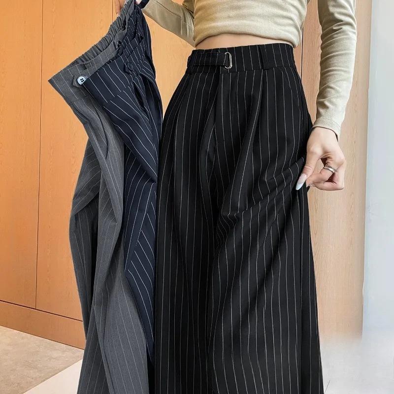 Herbst Vintage Gestreifte Lockere Damen Weite Hosen Knöpfe Frühling Hohe Taille Gerade Büro Voll Langes Hosen