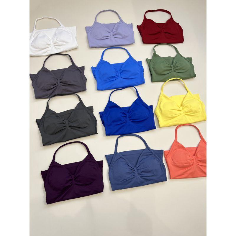 Df Thin-Strap Running Ruched Halter Fitness Bra with Chest Pads, Shaping, Shockproof, Beautiful Back Sports Yoga Tank Top for Women
