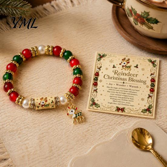 Holiday Gift for Women Christmas Bracelets Women, Beaded Charm Stretch Bracelet with Winter Jewelry Card, Stocking Stuffers, Party Accessory