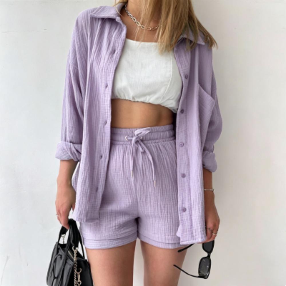 

European and American Women s Shirt Shorts 2-piece Set Spring Summer Women s Long Sleeved Shirt Shorts Home Outdoor Casual Women s Set S