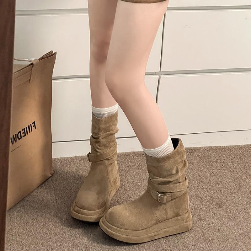 Cowhide Version~ American Retro Suede Big Head Belt Buckle Short Boots Autumn and Winter Simple and Not Tired Feet Round Head Western Boots