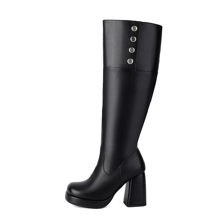 Fashion New Black White 9.5cm High-heel Knee High Boots European American Winter Fashion Round Toe Solid Color Women Boots Size 34-48