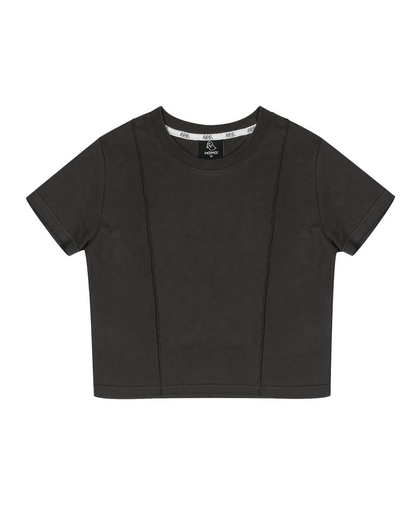 MOZMOZ Pintuck Print Crop Short Sleeve T-Shirt Charcoal
