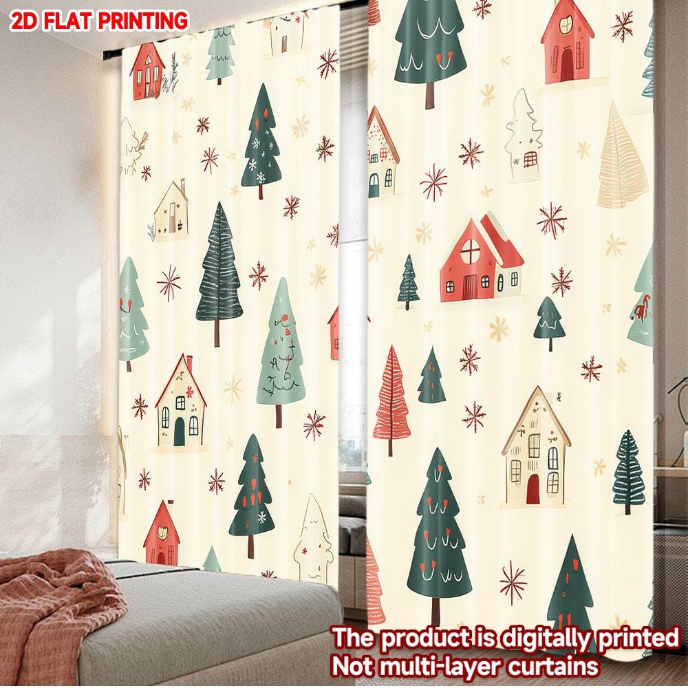 

2D flat printing 2pcs Christmas Hot Curtains Christmas Houses and Trees Digital Printed Polyester Drapes Holiday Decorations for 100*130 Rod Pocket 1pcs