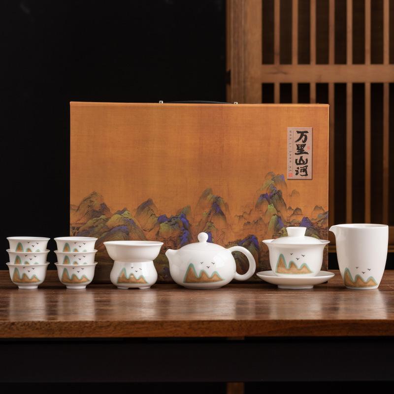 Talgjade Porzellan Kung Fu Tee-Set Deckelschale Teetasse Teekanne Geschäftsgeschenk 11-teiliges Set für leitenden Lehrer Vater