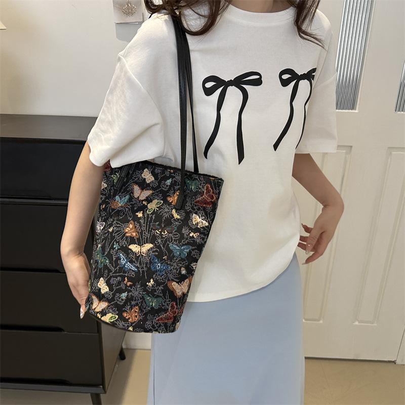Printed Bow Summer Korean Version of Literary Large Capacity New Trendy and Fashionable Commuter Armpit Single Shoulder Bucket Bag