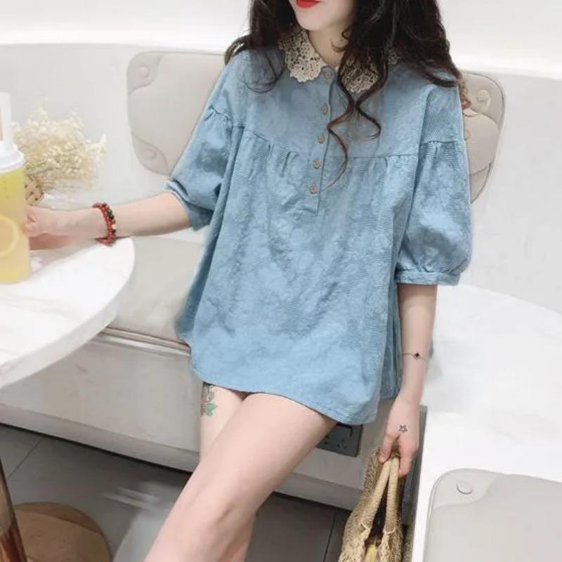 

Women Yellow Lace Collar Half Button 3/4 Sleeve Linen Blouse M синий