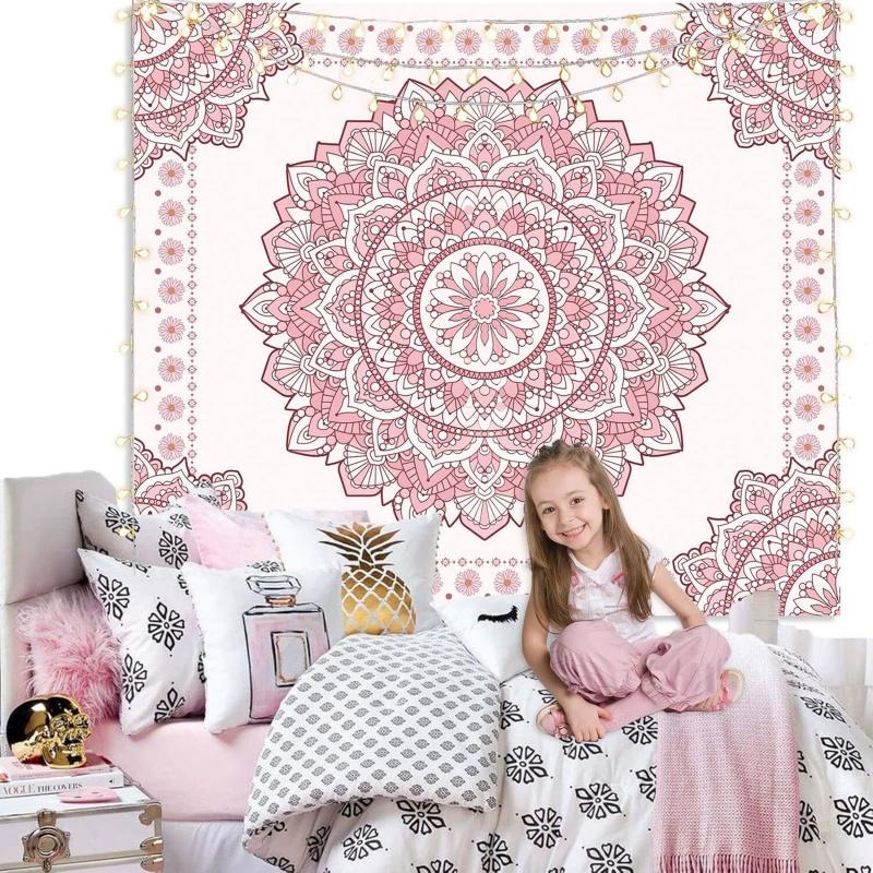 VIKAMA Pink Mandala Tapestry Dreamy Decor for Kids Rooms Geometric Bedding Set with GlowintheDark Accents