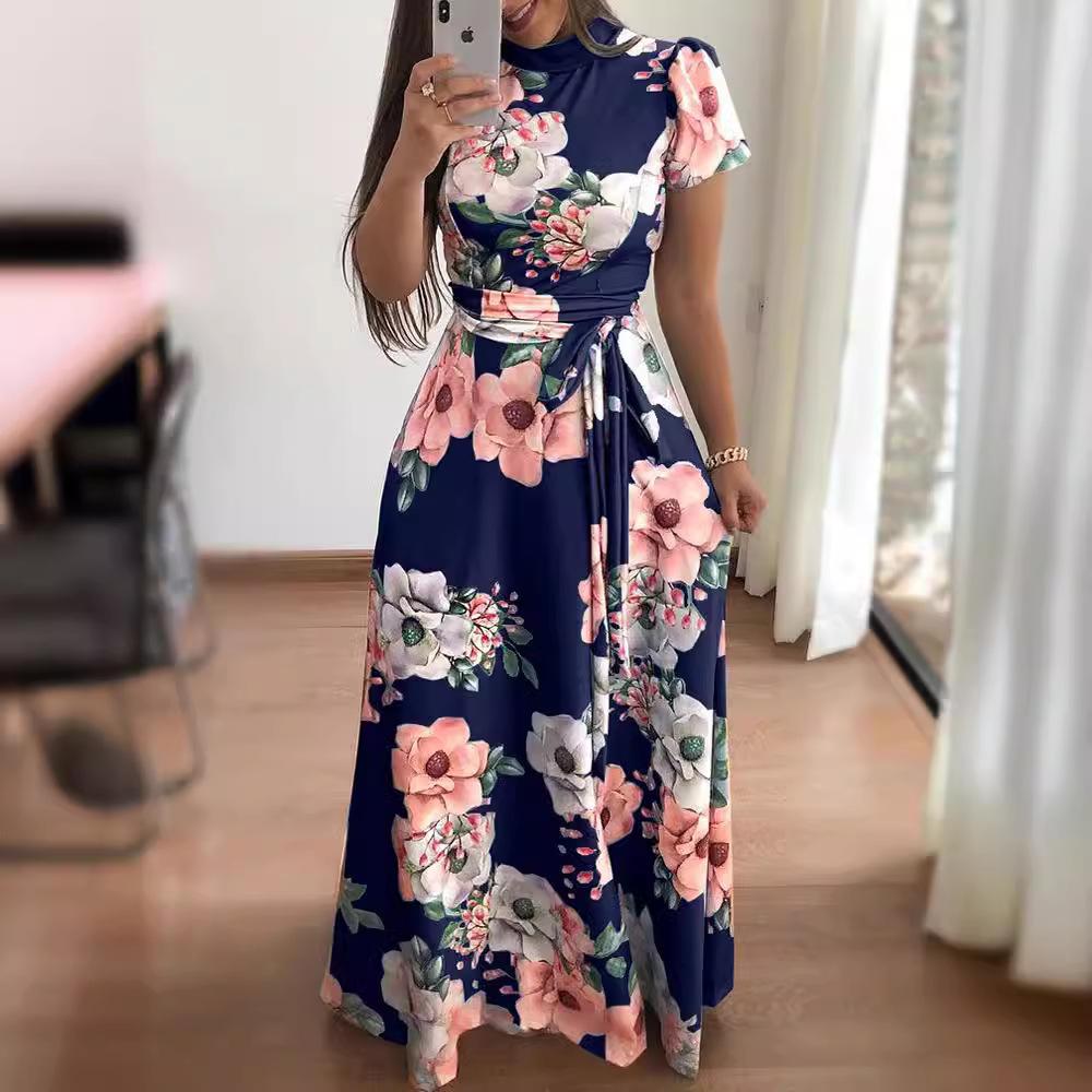 Autumn new style flower print short-sleeved pendulum dress women's clothing