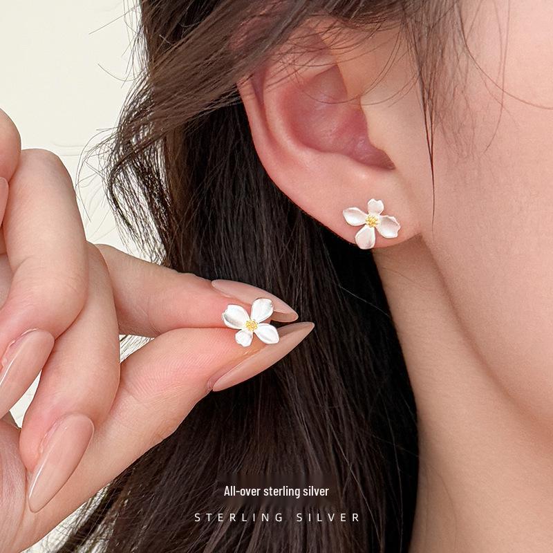 Korean Gardenia S999 Silver Flower Earrings for Women - Fresh Summer Sweet Style