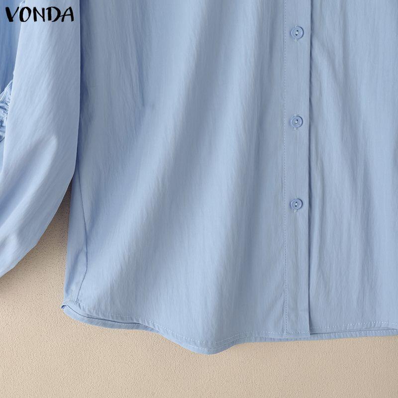 VONDA Women Casual Round Neck Ruffled Long Sleeve Solid Color Baggy Blouse