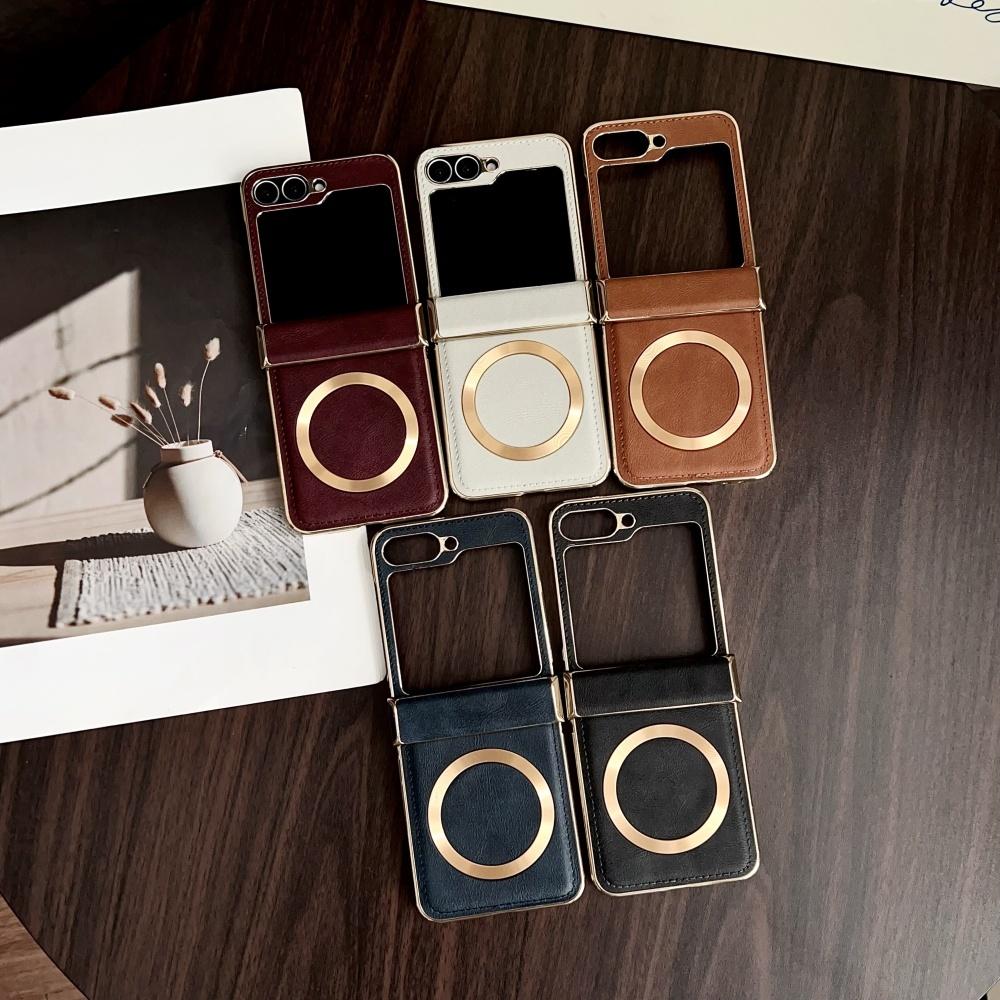 Busienss Vergoldetes Leder Magsafe Hülle für Samsung Galaxy Z Flip 7 6 5 4 3 Flip7 Flip6 Kabelloses Laden Scharnierschutzhülle