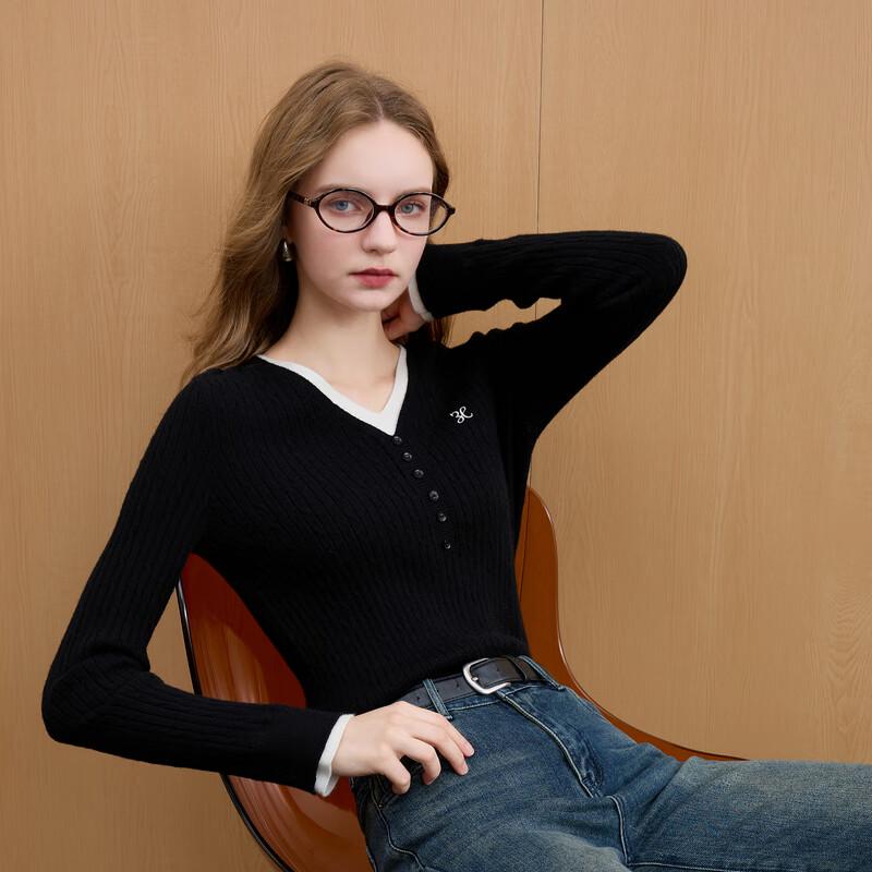 Sancai 2025 Winter V-Neck Embroidered Faux Two-Piece Knit Pullover