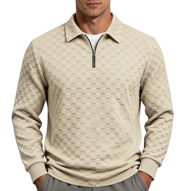 Mens Hoodie Fall Winter Zip Checkered Jacquard Polo Shirt Loose Fit Heavyweight Casual Top