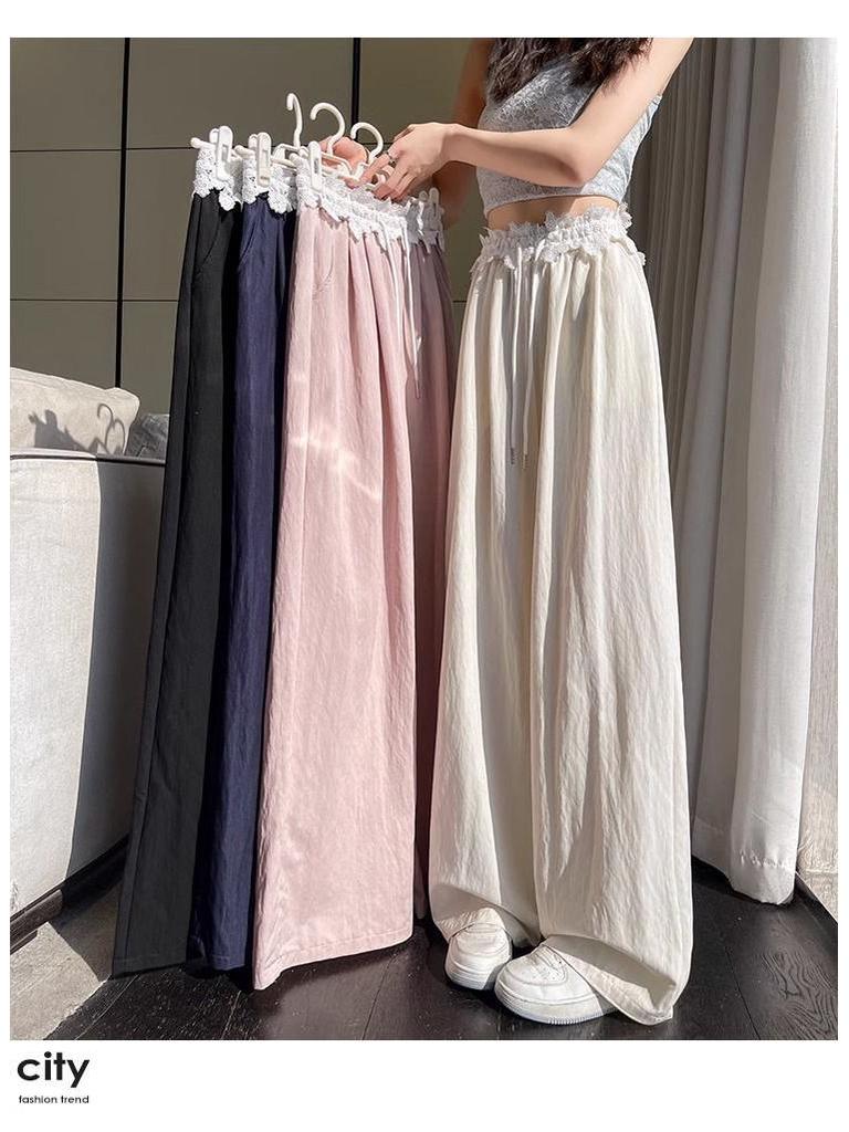High-Waisted Sweet Lace Patchwork Wide-Leg Pants for Women - Loose-Fit Drawstring Trousers for Spring & Autumn