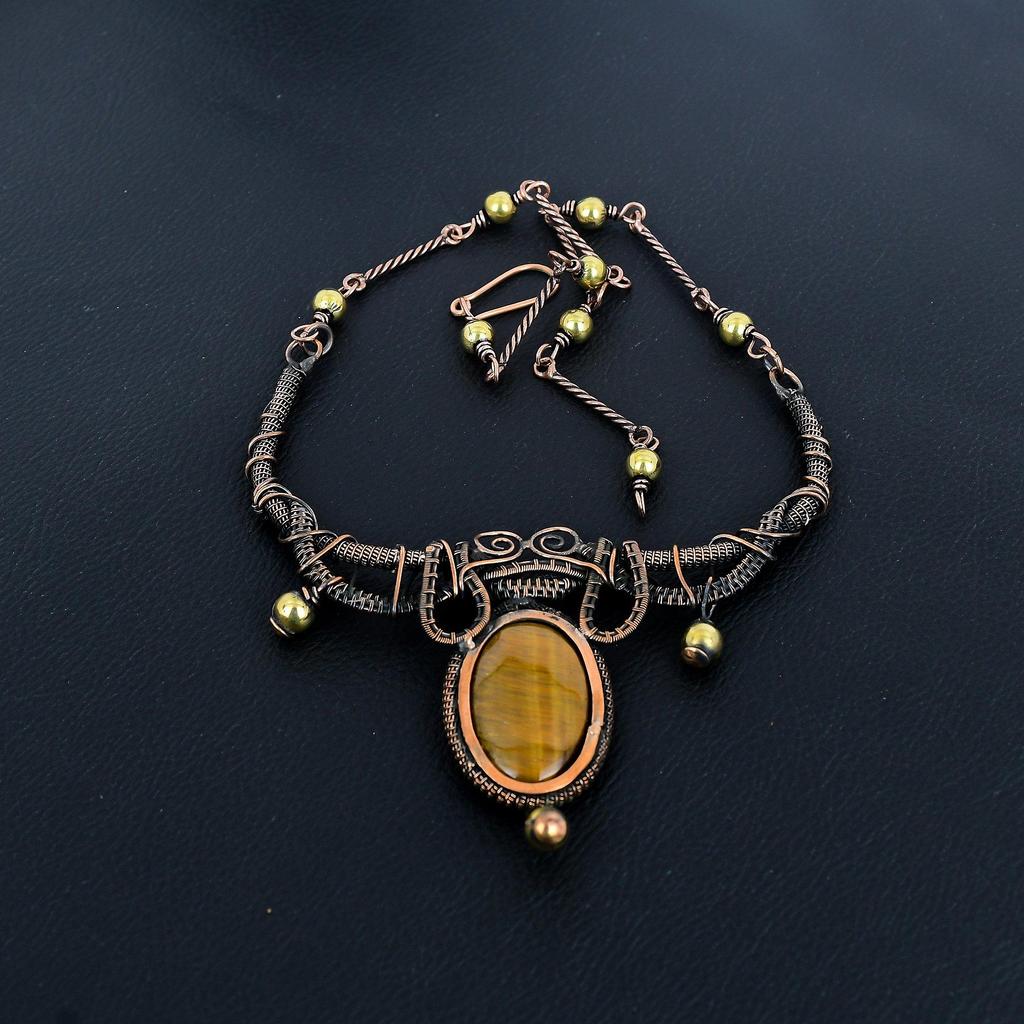 Tiger's Eye 999 Copper Wire Wrapped Necklace Adjustable, Chain Necklace Handmade Gemstone, Gift For Mom Antique Jewelry