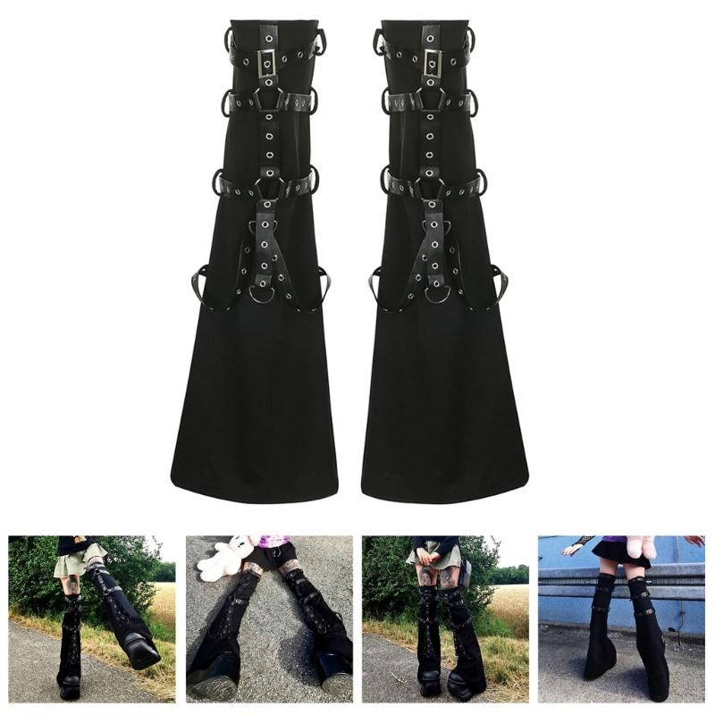 Women Punk Harness Eyelets Straps Flared Leg Warmer Japanese Style Buckled Thigh High Leg Cover Long Sock Stockings