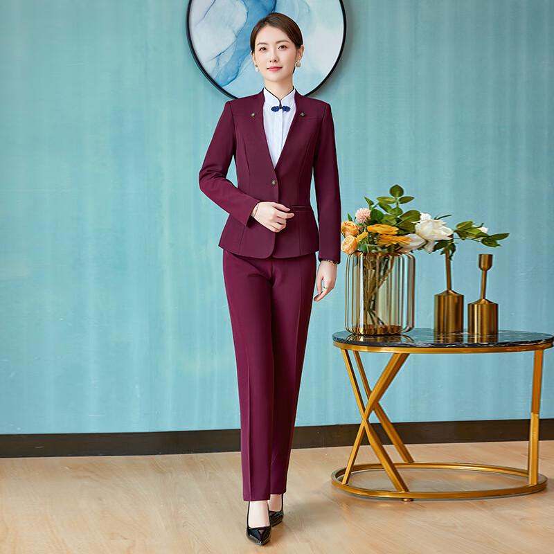 Teroman Women's New Chinese Style Wine Red 6-Piece Professional Suit