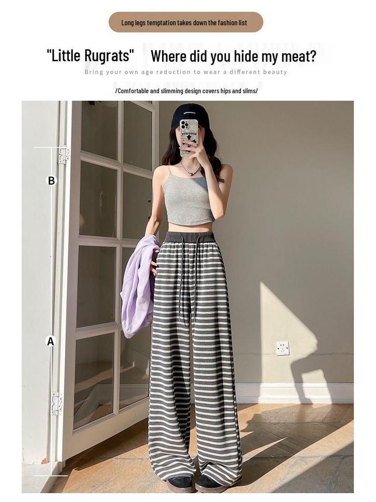 Women's Retro Grey Striped Wide-Leg Pants, Elastic Waist with Drawstring - High Waist, Loose Fit, Spring/Summer 2026 Collection.