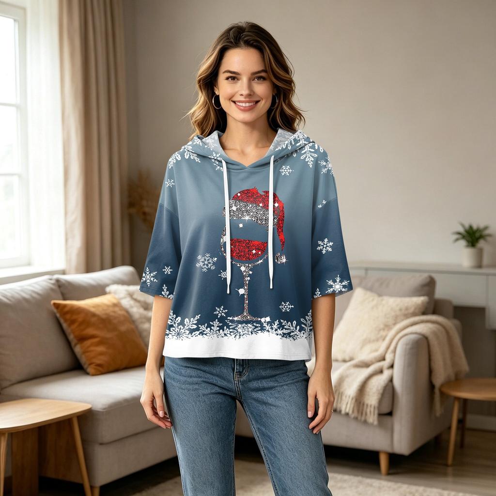 Women's Casual 3/4 Sleeve Hooded Christmas T-Shirt for Holiday Parties and Everyday Wear