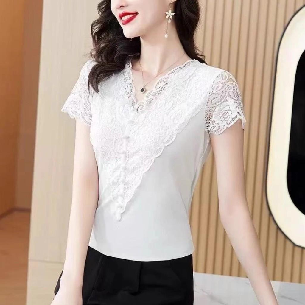 Summer Slim Fit T Shirt With Lace Paneling Polyester Fabric For Office Wear For Women
